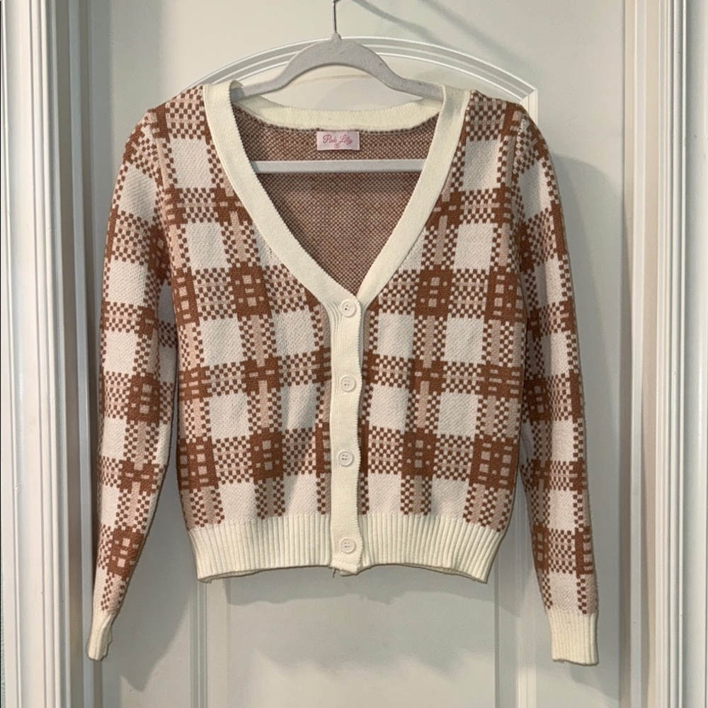 NWOT Pink Lily Plaid Brown and Cream Sweater